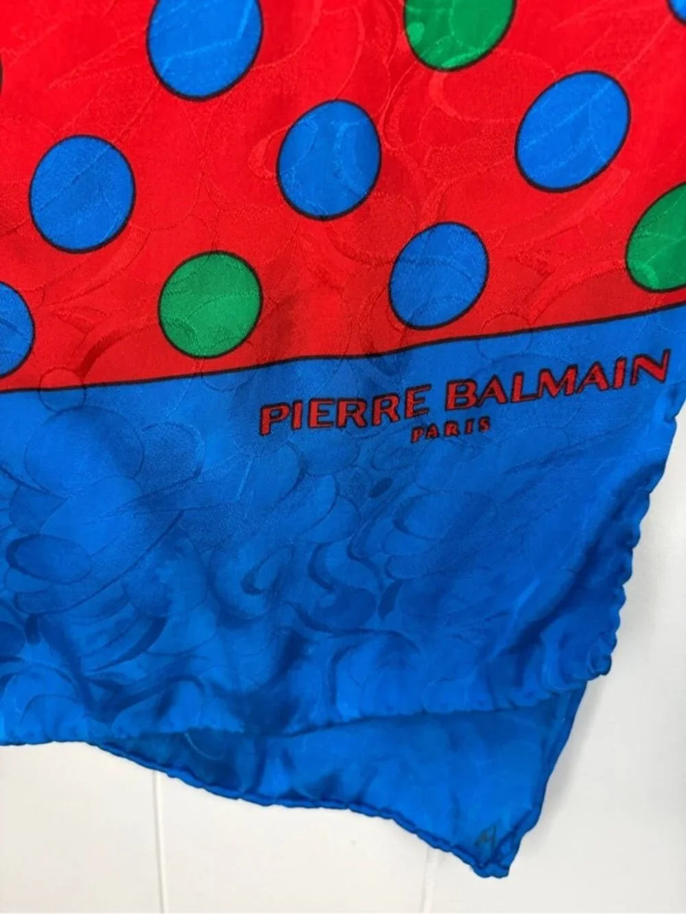 PIERRE BALMAIN Vintage 100% Silk Scarf French Luxury Designer Red Blue Polka Dot